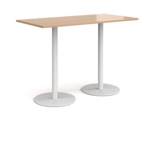 Monza rectangular poseur table with flat round white bases 1600mm x 800mm beech - MPR1600-WH-B