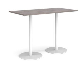 Monza rectangular poseur table with flat round white bases 1600mm x 800mm grey oak - MPR1600-WH-GO