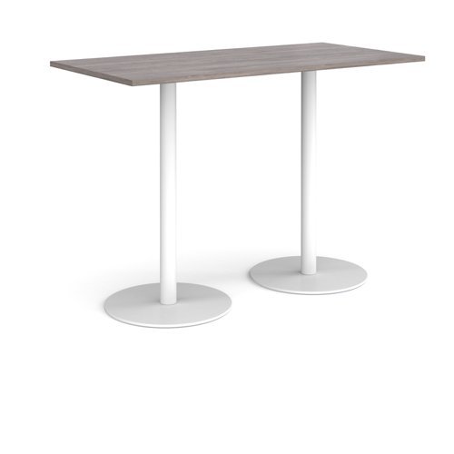 Monza rectangular poseur table with flat round white bases 1600mm x 800mm grey oak - MPR1600-WH-GO