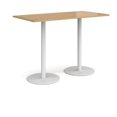 Monza rectangular poseur table with flat round white bases 1600mm x 800mm oak - MPR1600-WH-O