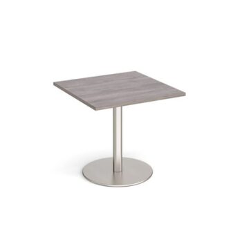 Monza square dining table with flat round brushed steel base 800mm grey oak - MDS800-BS-GO