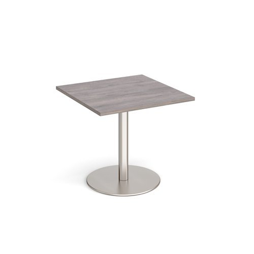 Monza square dining table with flat round brushed steel base 800mm grey oak - MDS800-BS-GO