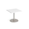 Monza square dining table with flat round brushed steel base 800mm white - MDS800-BS-WH