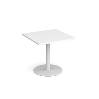 Monza square dining table with flat round white base 800mm white - MDS800-WH-WH