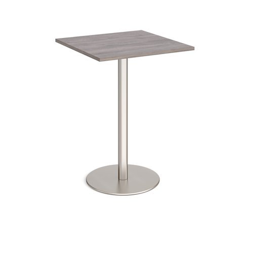 Monza square poseur table with flat round brushed steel base 800mm grey oak - MPS800-BS-GO