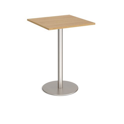 Monza square poseur table with flat round brushed steel base 800mm oak - MPS800-BS-O