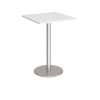 Monza square poseur table with flat round brushed steel base 800mm white - MPS800-BS-WH