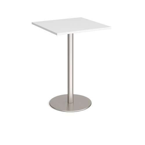Monza square poseur table with flat round brushed steel base 800mm white - MPS800-BS-WH