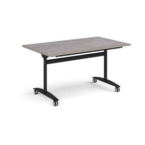 Rectangular deluxe fliptop meeting table with black frame 1400mm x 800mm grey oak - DFLP14-K-GO