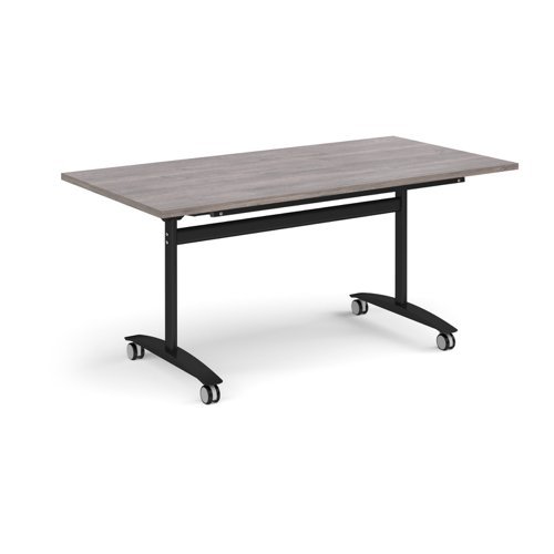 Rectangular deluxe fliptop meeting table with black frame 1600mm x 800mm grey oak - DFLP16-K-GO