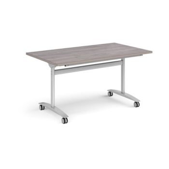 Rectangular deluxe fliptop meeting table with silver frame 1400mm x 800mm grey oak - DFLP14-S-GO