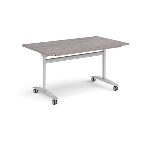 Rectangular deluxe fliptop meeting table with silver frame 1400mm x 800mm grey oak - DFLP14-S-GO