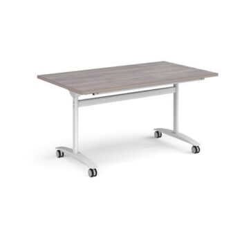 Rectangular deluxe fliptop meeting table with white frame 1400mm x 800mm grey oak - DFLP14-WH-GO