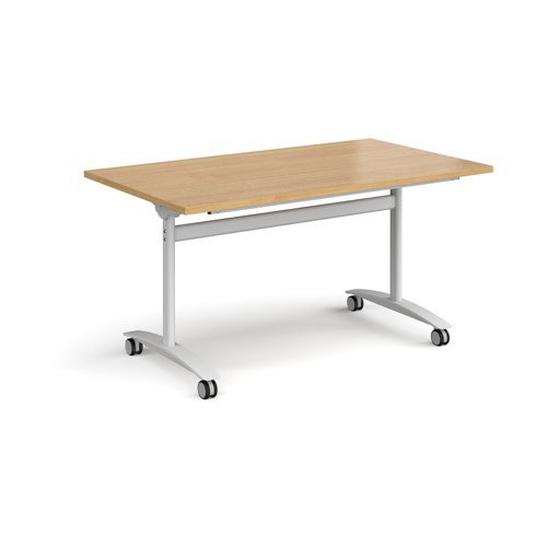 Rectangular deluxe fliptop meeting table with white frame 1400mm x 800mm oak - DFLP14-WH-O