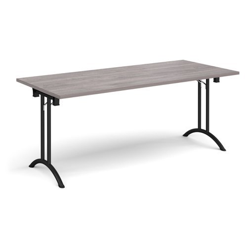 Rectangular folding leg table with black legs and curved foot rails 1800mm x 800mm grey oak - CFL1800-K-GO