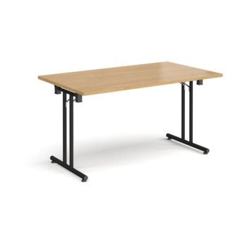 Rectangular folding leg table with black legs and straight foot rails 1400mm x 800mm oak - SFL1400-K-O