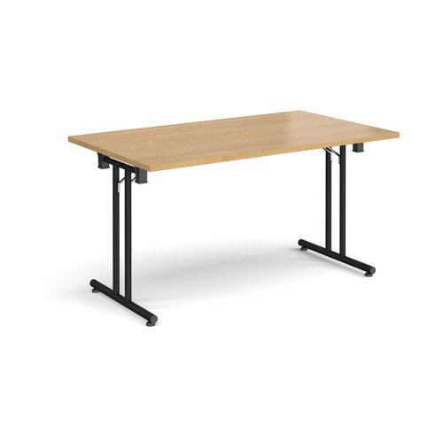 Rectangular folding leg table with black legs and straight foot rails 1400mm x 800mm oak - SFL1400-K-O