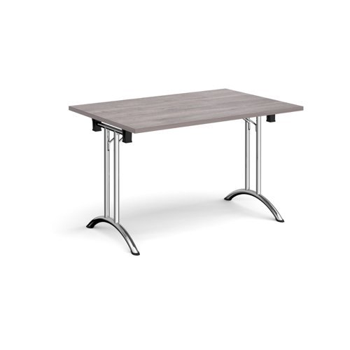 Rectangular folding leg table with chrome legs and curved foot rails 1200mm x 800mm grey oak - CFL1200-C-GO
