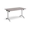 Rectangular folding leg table with chrome legs and curved foot rails 1400mm x 800mm grey oak - CFL1400-C-GO