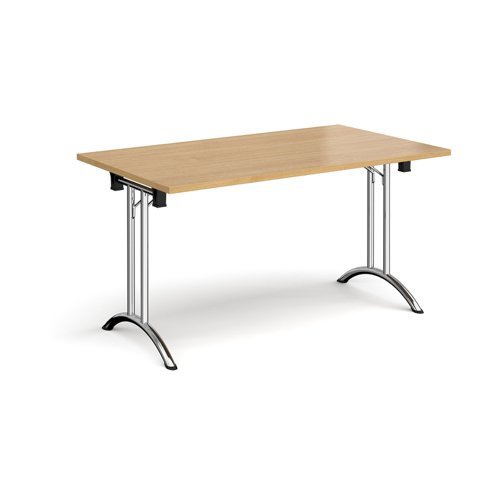 Rectangular folding leg table with chrome legs and curved foot rails 1400mm x 800mm oak - CFL1400-C-O