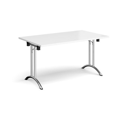 Rectangular folding leg table with chrome legs and curved foot rails 1400mm x 800mm white - CFL1400-C-WH