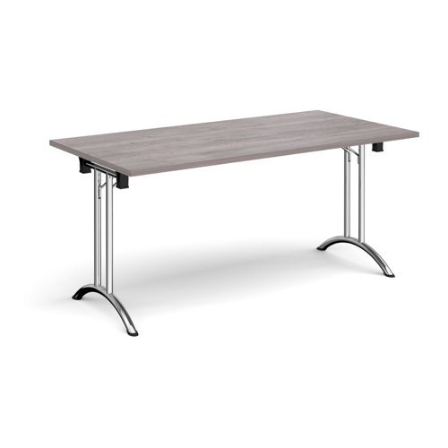 Rectangular folding leg table with chrome legs and curved foot rails 1600mm x 800mm grey oak - CFL1600-C-GO