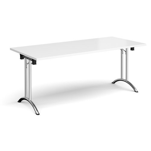 Rectangular folding leg table with chrome legs and curved foot rails 1800mm x 800mm white - CFL1800-C-WH