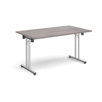 Rectangular folding leg table with chrome legs and straight foot rails 1400mm x 800mm grey oak - SFL1400-C-GO