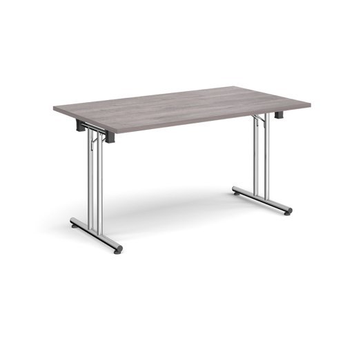 Rectangular folding leg table with chrome legs and straight foot rails 1400mm x 800mm grey oak - SFL1400-C-GO