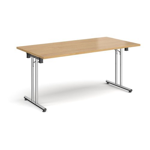 Rectangular folding leg table with chrome legs and straight foot rails 1600mm x 800mm oak - SFL1600-C-O