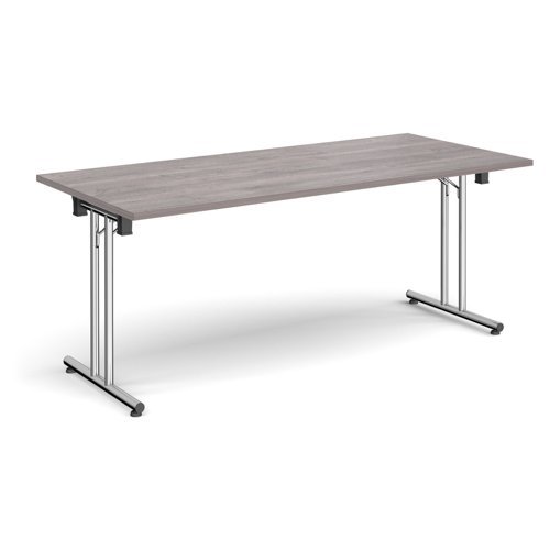 Rectangular folding leg table with chrome legs and straight foot rails 1800mm x 800mm grey oak - SFL1800-C-GO