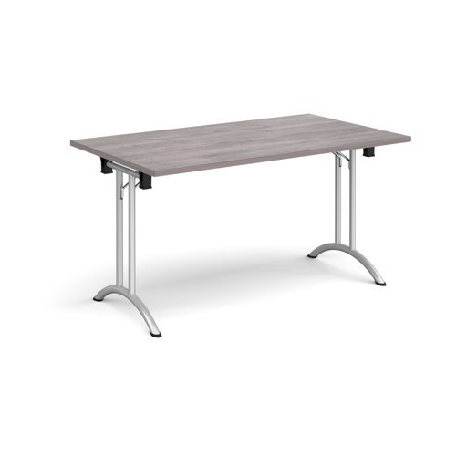 Rectangular folding leg table with silver legs and curved foot rails 1400mm x 800mm grey oak - CFL1400-S-GO