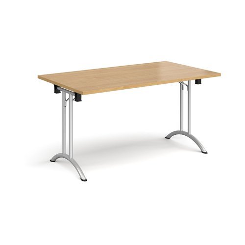 Rectangular folding leg table with silver legs and curved foot rails 1400mm x 800mm oak - CFL1400-S-O