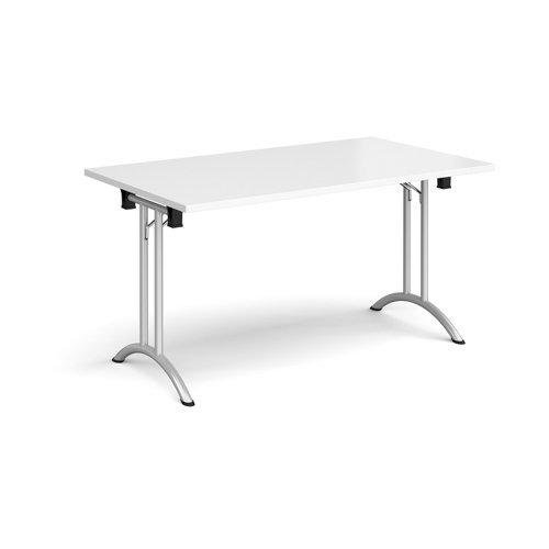 Rectangular folding leg table with silver legs and curved foot rails 1400mm x 800mm white - CFL1400-S-WH