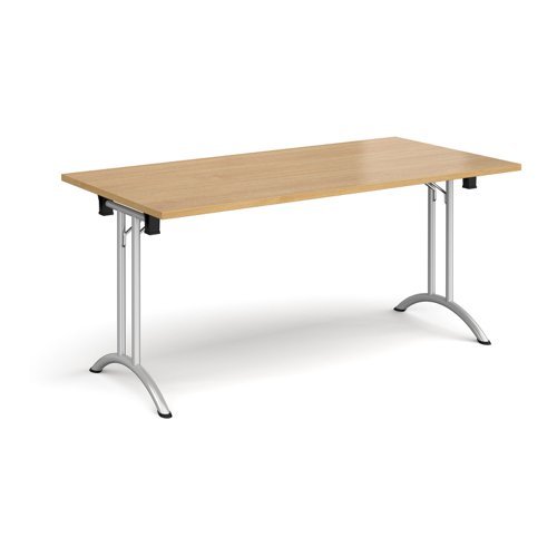 Rectangular folding leg table with silver legs and curved foot rails 1600mm x 800mm oak - CFL1600-S-O