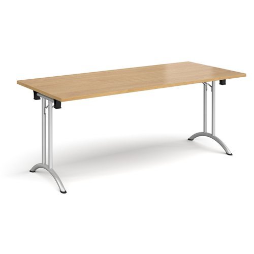 Rectangular folding leg table with silver legs and curved foot rails 1800mm x 800mm oak - CFL1800-S-O