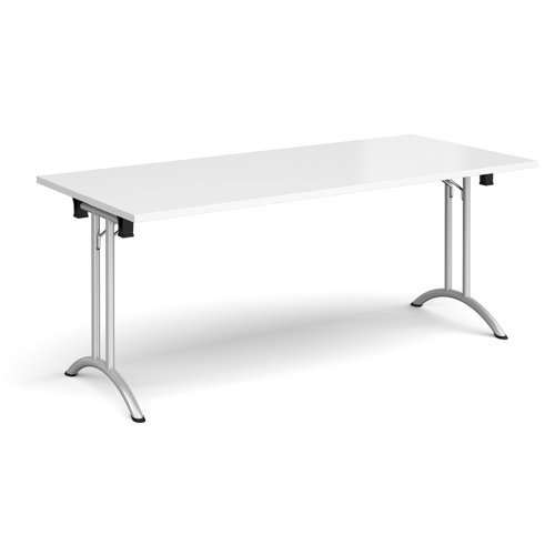 Rectangular folding leg table with silver legs and curved foot rails 1800mm x 800mm white - CFL1800-S-WH