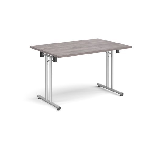 Rectangular folding leg table with silver legs and straight foot rails 1200mm x 800mm grey oak - SFL1200-S-GO