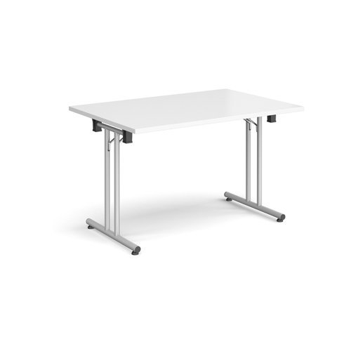 Rectangular folding leg table with silver legs and straight foot rails 1200mm x 800mm white - SFL1200-S-WH