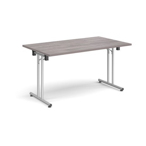 Rectangular folding leg table with silver legs and straight foot rails 1400mm x 800mm grey oak - SFL1400-S-GO