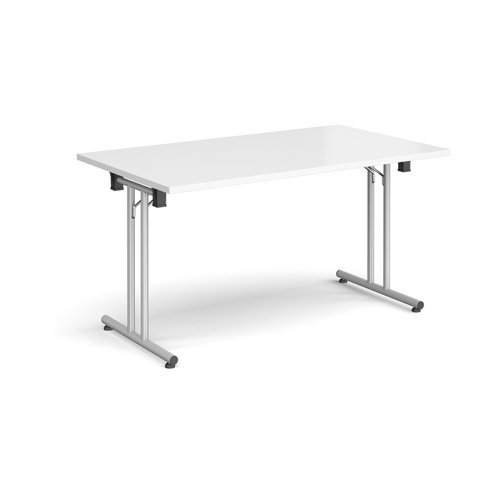Rectangular folding leg table with silver legs and straight foot rails 1400mm x 800mm white - SFL1400-S-WH