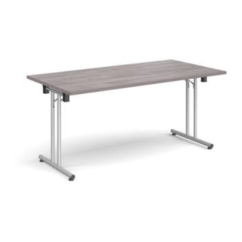 Rectangular folding leg table with silver legs and straight foot rails 1600mm x 800mm grey oak - SFL1600-S-GO
