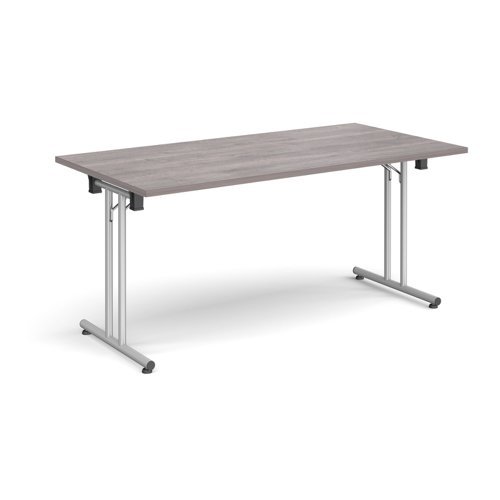 Rectangular folding leg table with silver legs and straight foot rails 1600mm x 800mm grey oak - SFL1600-S-GO