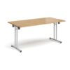 Rectangular folding leg table with silver legs and straight foot rails 1600mm x 800mm oak - SFL1600-S-O
