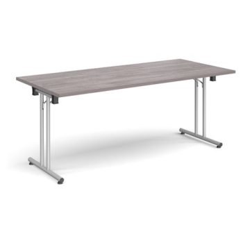 Rectangular folding leg table with silver legs and straight foot rails 1800mm x 800mm grey oak - SFL1800-S-GO