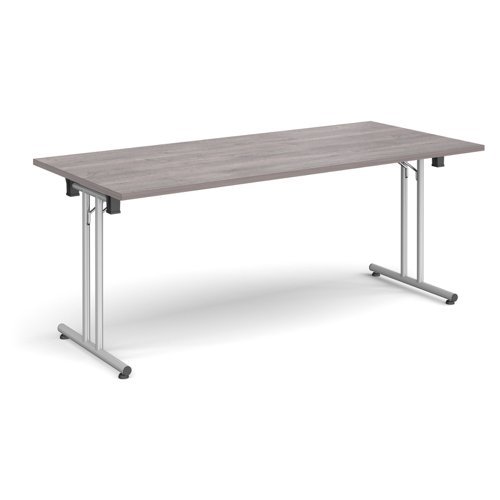 Rectangular folding leg table with silver legs and straight foot rails 1800mm x 800mm grey oak - SFL1800-S-GO