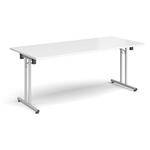 Rectangular folding leg table with silver legs and straight foot rails 1800mm x 800mm white - SFL1800-S-WH