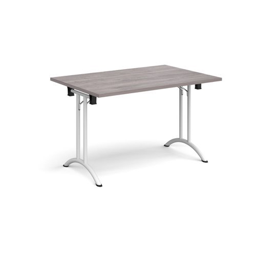 Rectangular folding leg table with white legs and curved foot rails 1200mm x 800mm grey oak - CFL1200-WH-GO