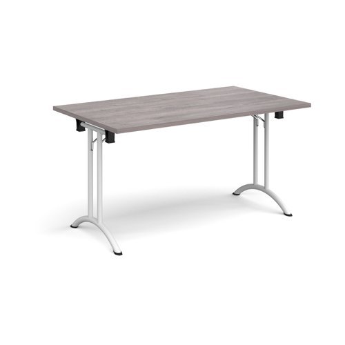Rectangular folding leg table with white legs and curved foot rails 1400mm x 800mm grey oak - CFL1400-WH-GO