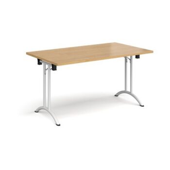 Rectangular folding leg table with white legs and curved foot rails 1400mm x 800mm oak - CFL1400-WH-O